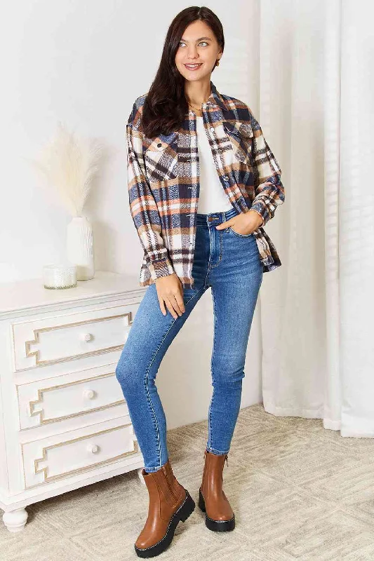 Double Take Plaid Button Front Shirt Jacket with Breast Pockets, Also in Plus sizes