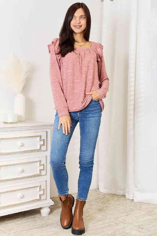 Double Take Square Neck Ruffle Shoulder Long Sleeve T-Shirt, Also Plus sizes