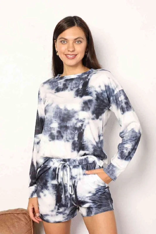 Double Take Tie-Dye Round Neck Top and Shorts Lounge Set, Also Plus sizes