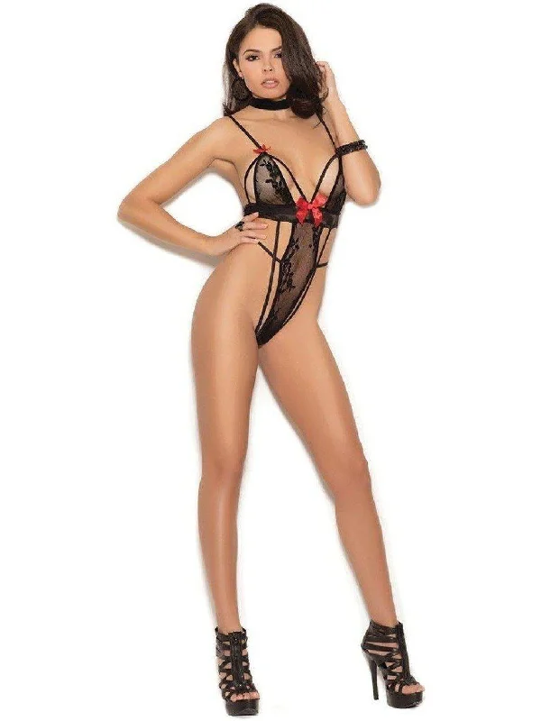 Sexy Lace teddy embellished with bows and a string back in Black, Also Plus size