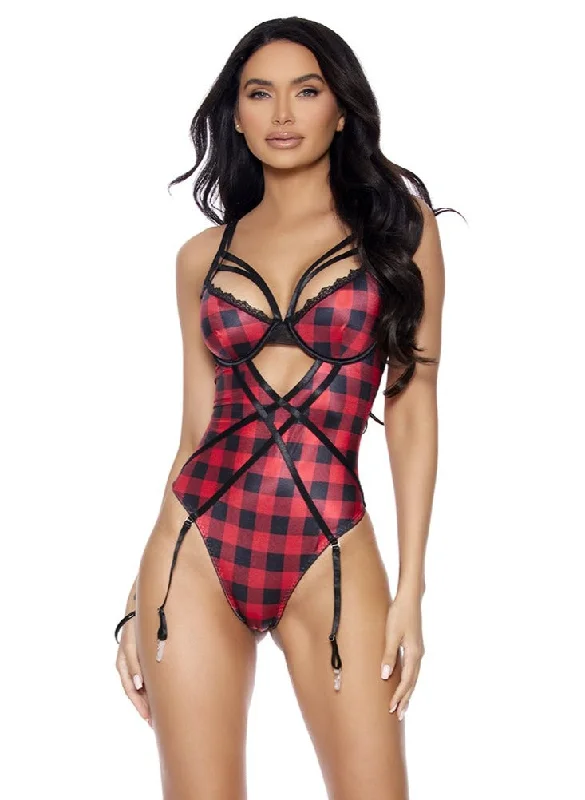 Elegant Moments  EM-77173, Buffalo plaid print teddiette with strappy front Also Plus Sizes