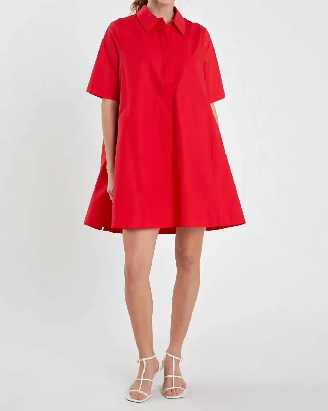 A- Line Short Sleeve Shirt Dress In Red