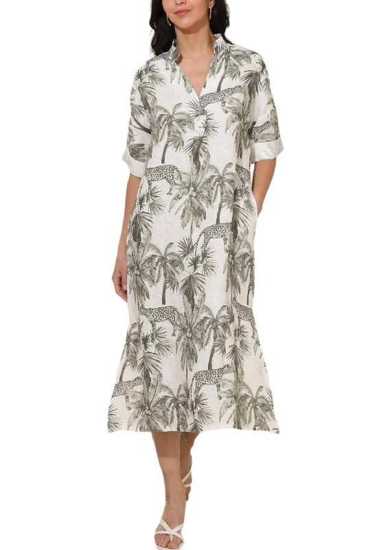 Tropical Print Shirt Dress In Khaki