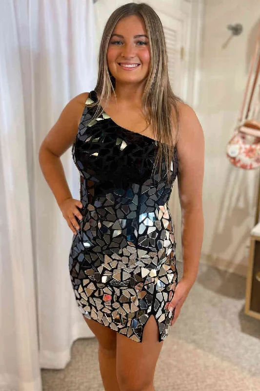 Black and Silver Cut Mirror Sequins Bodycon Homecoming Dress