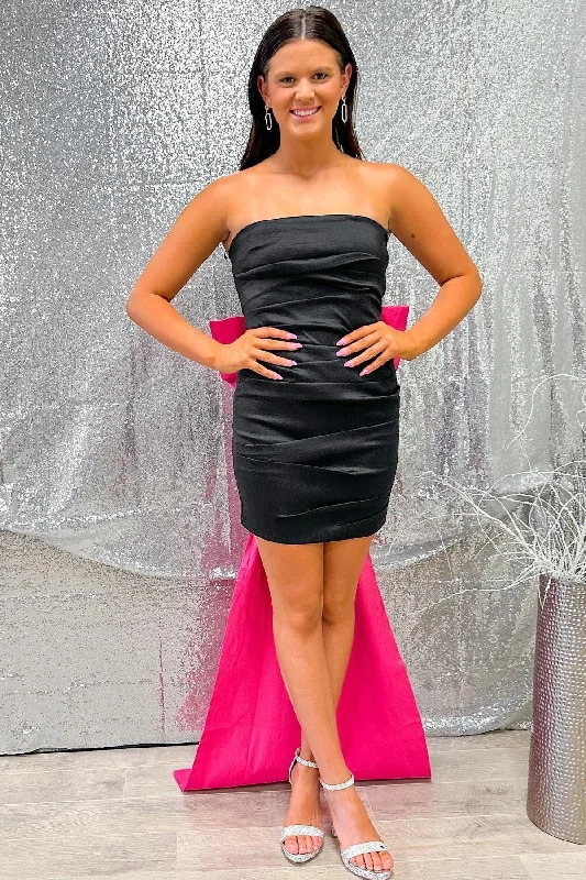 Black Strapless Bodycon Homecoming Dress with Fuchsia Bow