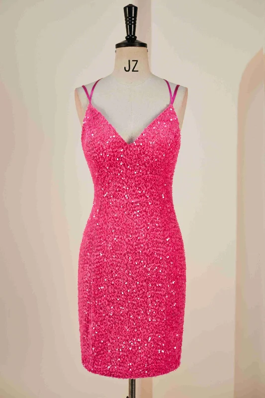 Double Straps Hot Pink Sequin Bodycon Homecoming Dress