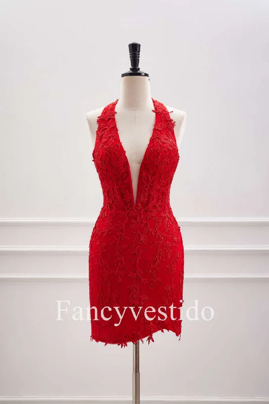 Halter Red Appliques Backless Tight Short Homecoming Dress