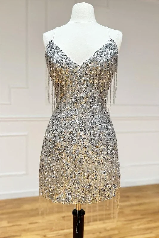 Silver V Neck Lace-Up Sequins Tight Homecoming Dress with Tassels