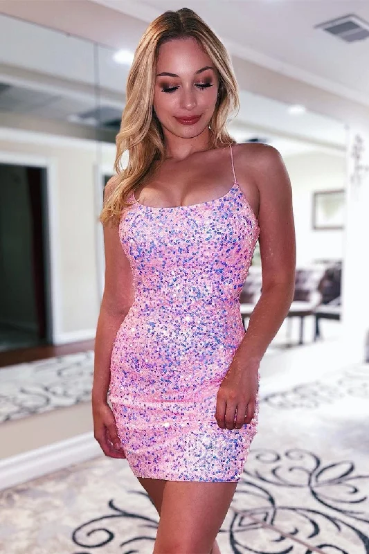 Sparkle Pink Sequins Tight Homecoming Dress