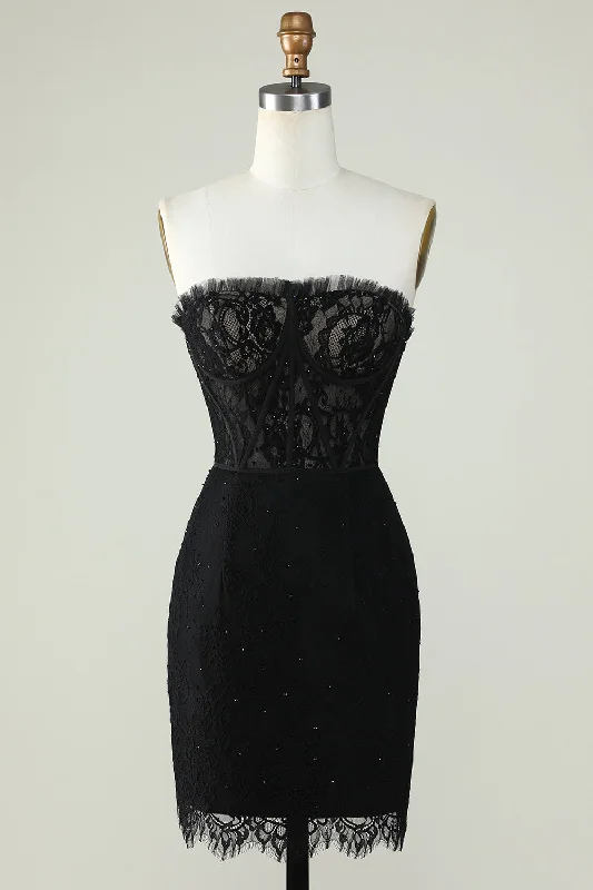 Strapless Black Ruffles Lace Tight Homecoming Dress with Rhinestones