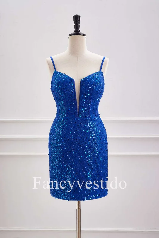 Straps Plunging Neck Royal Blue Sequin Tight Homecoming Dress