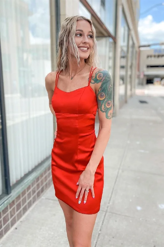 Straps Tight Red Satin Homecoming Dress