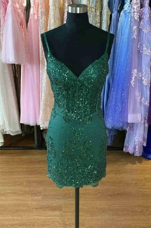 V-Neck Straps Hunter Green Appliques Bodycon Homecoming Dress